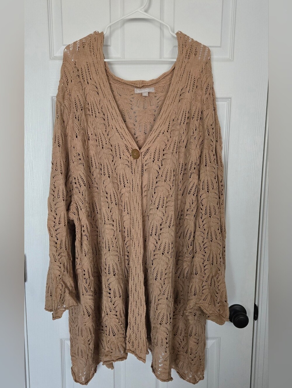 Woman Within 5X Beige Openwork Knit One-Button Cardigan